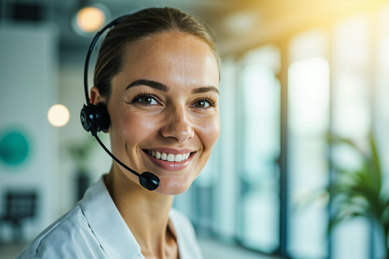 A friendly licensed ProHealthcareJournal insurance agent wearing a headset, smiling and ready to help