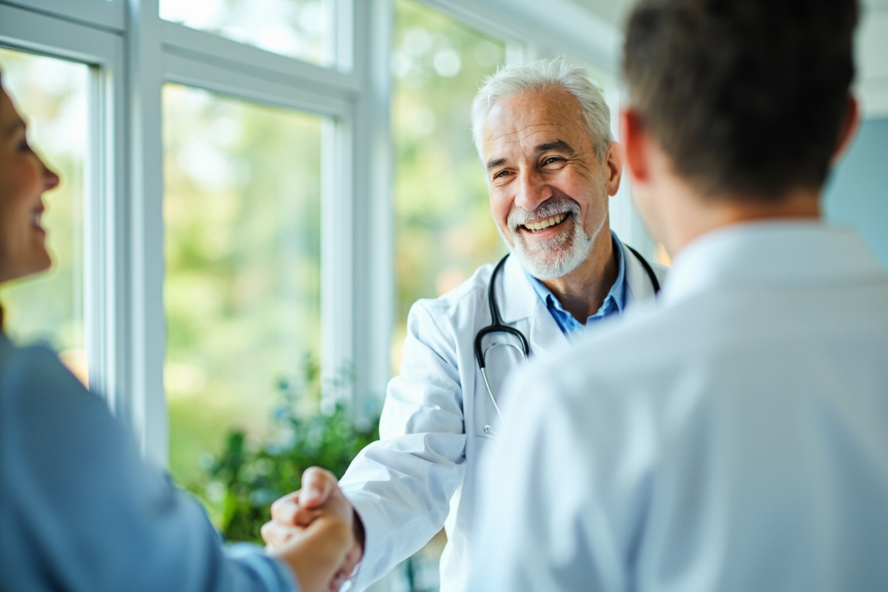 A smiling doctor warmly greeting a patient in a bright modern clinic