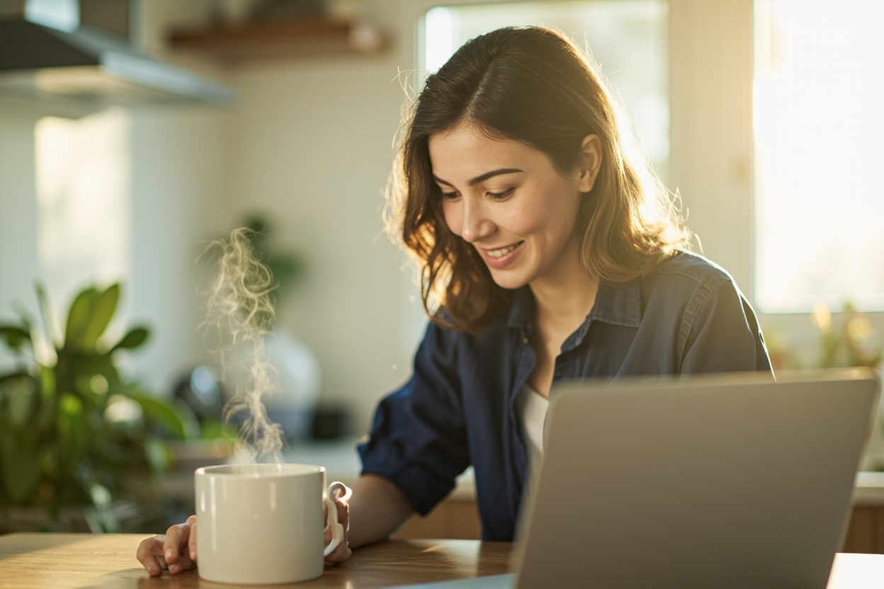 A woman comparing 2026 ACA health plans on her laptop at home with a cup of coffee