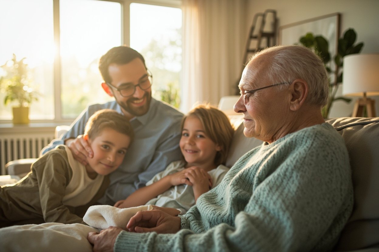 A happy, healthy multi-generational American family at home, reassured by their new ACA health coverage